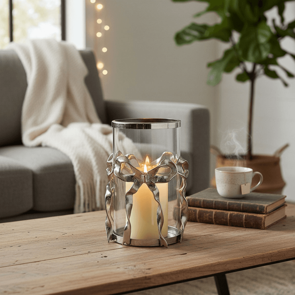 Bow Hurricane Lantern, Antique Silver