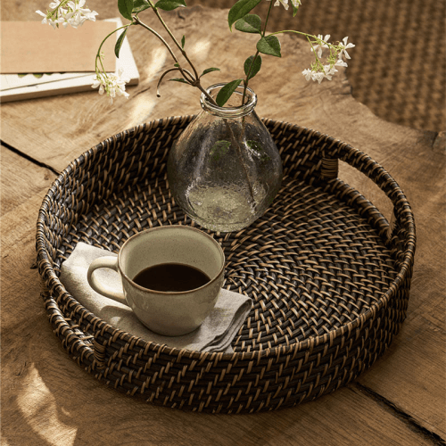 Image showing the Wittering Rattan Round Tray, Antique Brown product.