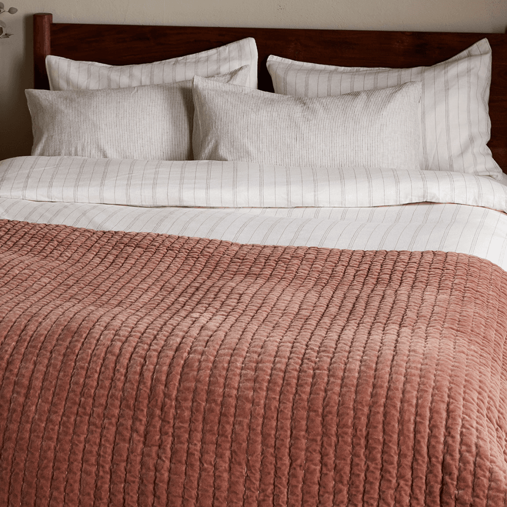 Nidra Velvet & Linen Bed Quilt, Rust