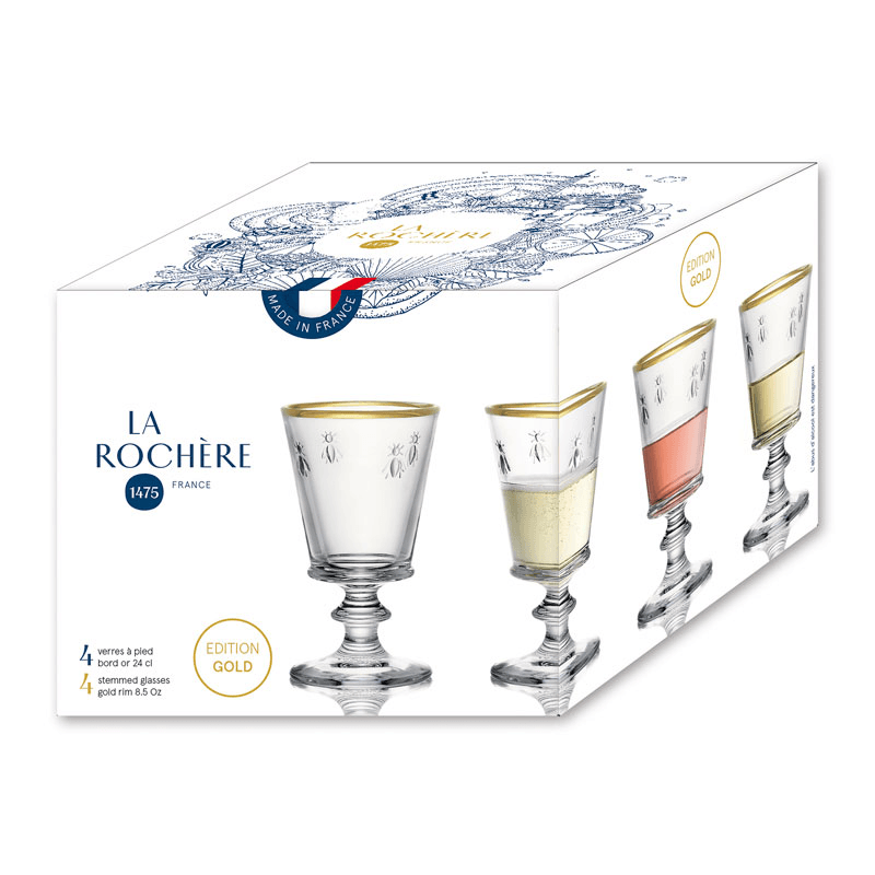 Bee Set of 4 Wine Glasses, Clear with Gold Rim