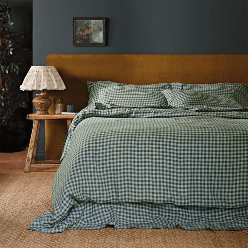 Image showing the Gingham Linen Blend Duvet Cover, Fern Green & Dusk Blue product.