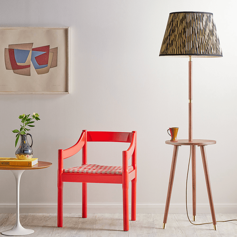 Skellig Floor Lamp with Table, Burnt Wood & Brass
