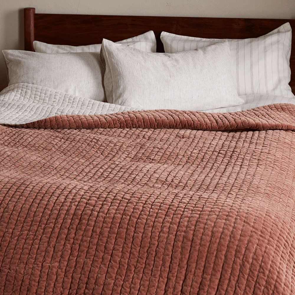 Nidra Velvet & Linen Bed Quilt, Rust