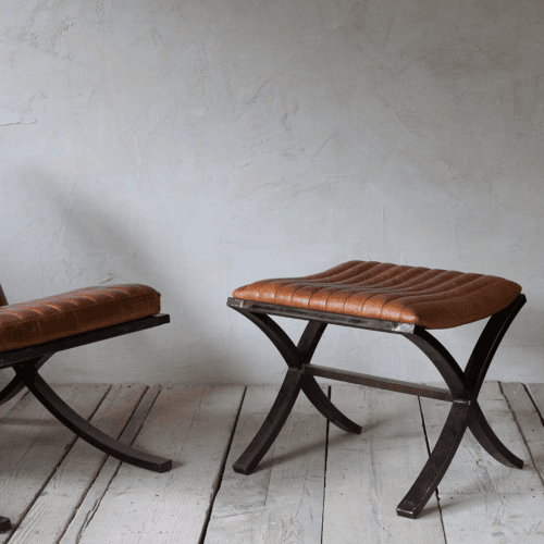 Image showing the Narwana Ribbed Leather Footstool, Tan product.