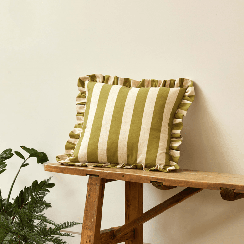 Image showing the Linen Stripe Ruffle Cushion, 50 x 50cm, Olive product.