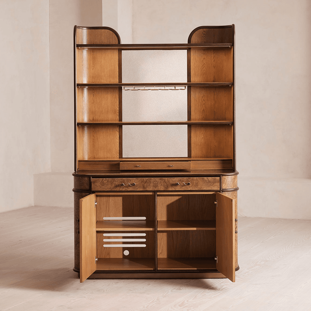 Portavini Bar Storage, Olive Ash Burl & Black Marquina Marble