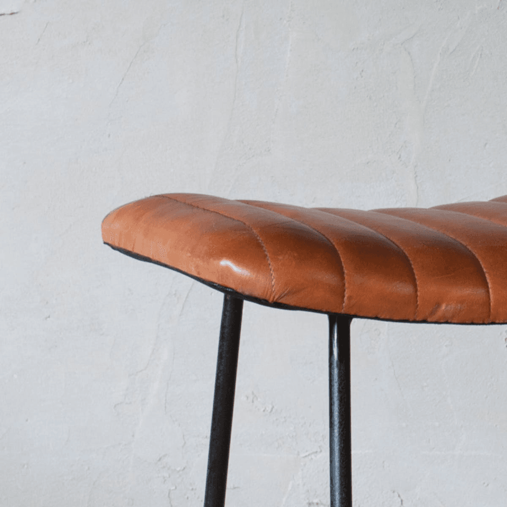 Narwana Ribbed Leather Stool, Aged Leather and Iron