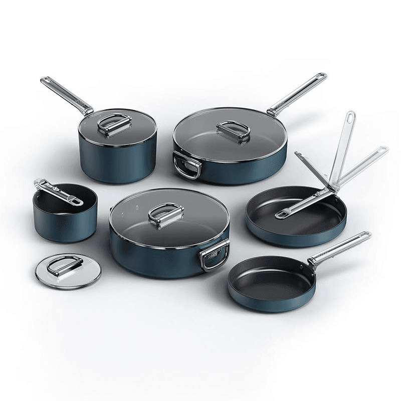 Space Folding Handle Ceramic Non-Stick Cookware Set, Midnight Blue