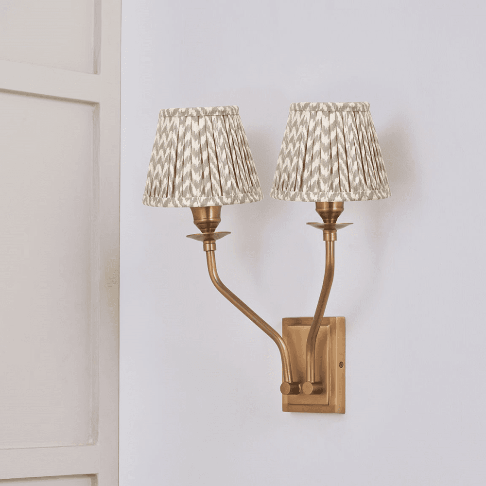 Tatiana Antique Brass Double Wall Light with Vienna Mushroom Lampshade