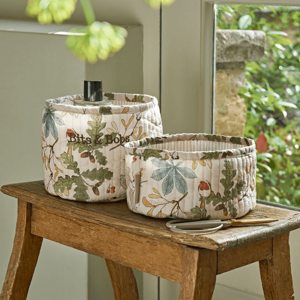 Orchard Birds Set of 2 Storage Baskets, Stone