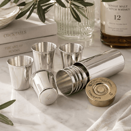 Image showing the Cartridge Set of 8 Shot Glasses & Holder, Silver & Gold product.
