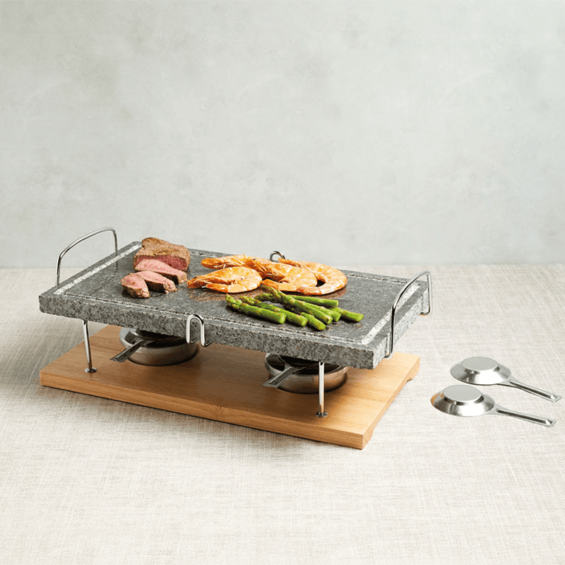 Hot stone grill set, marble with wooden base