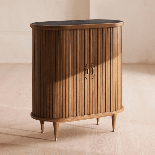 Image showing the Nora Tambour Bar, Oak & Dark Marble product.