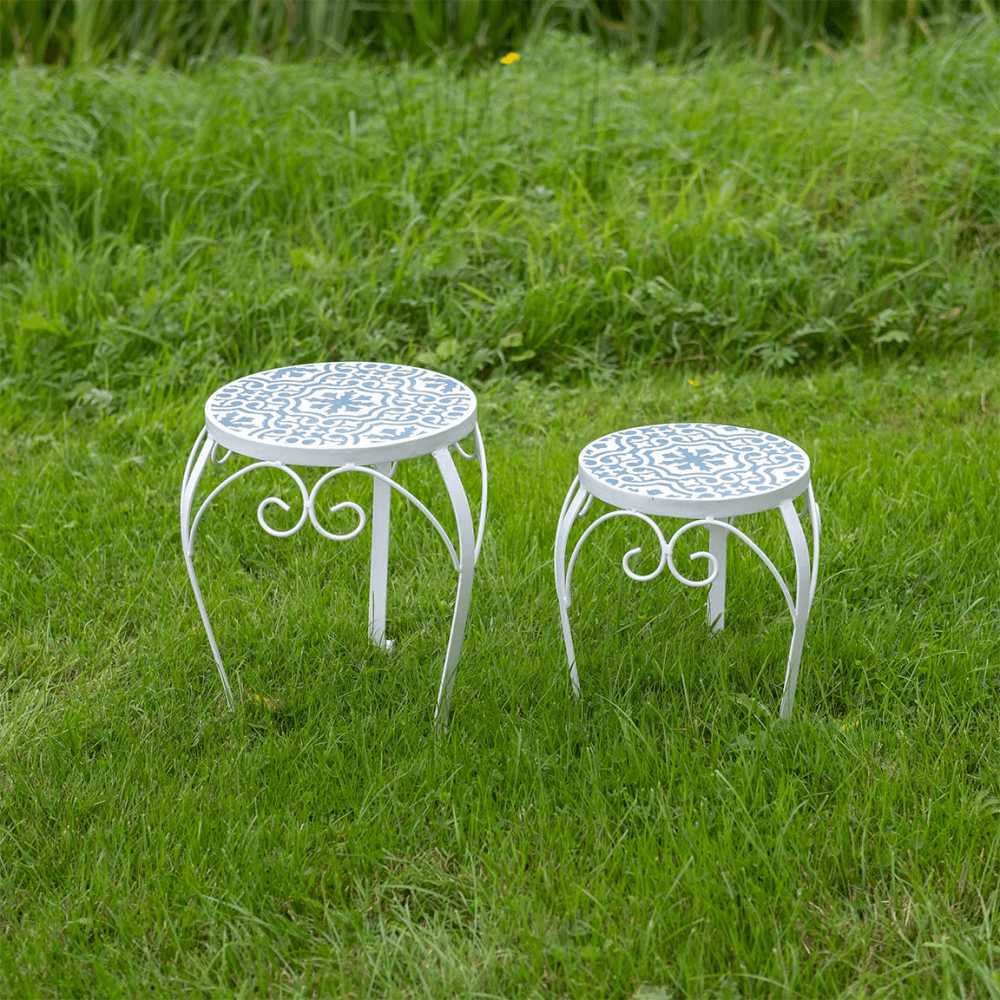 Mosaic Set of 2 Low Plant Table, Blue/White