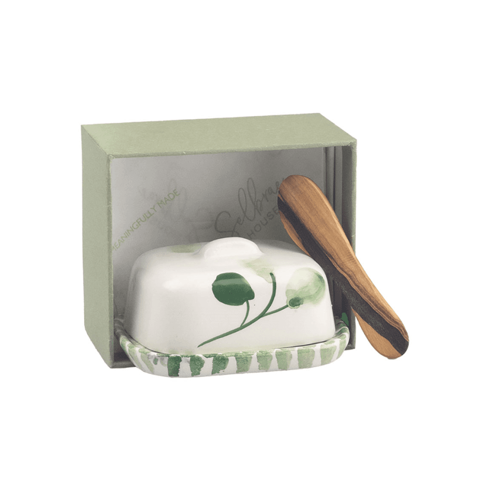 Flora Mini Butter Dish & Knife Set, Green