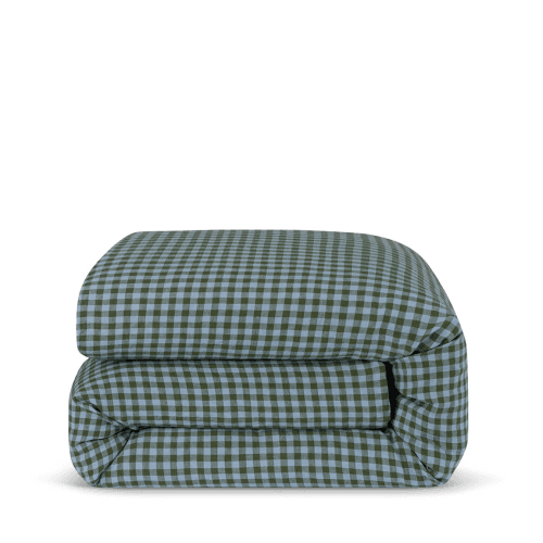 Image showing the Gingham Linen Blend Duvet Cover, Fern Green & Dusk Blue product.
