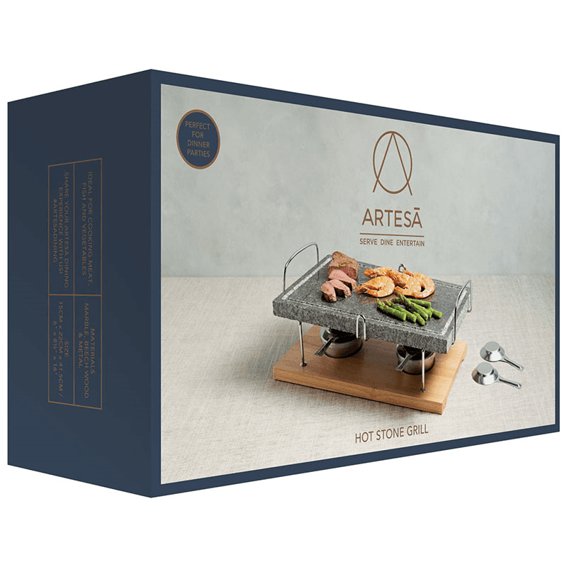 Hot stone grill set, marble with wooden base